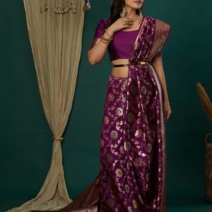Wine Silk Blend Woven Banarasi Saree