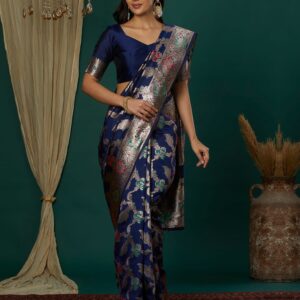 Blue Silk Blend Woven Banarasi Saree