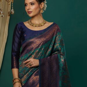 Turquoise Silk Blend Woven Woven Saree