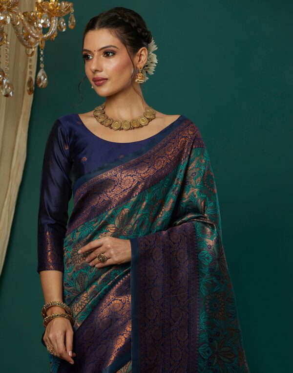 Turquoise Silk Blend Woven Woven Saree