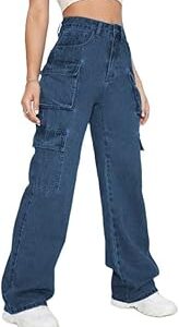 Women's High Waist Stretchable Baggy Oversized Loose Fit Wide Leg Denim Cargo Jeans Pants for Women - with Multiple Sizes & Colours (Black, Dark Blue, Light Blue, Grey & Khaki) 26 to 40