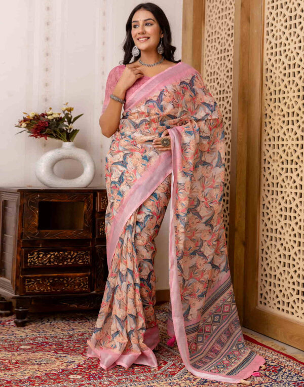 Light Pink Cotton Printed Saree