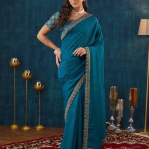 Rama Blue Vichitra Silk Embroidery Saree