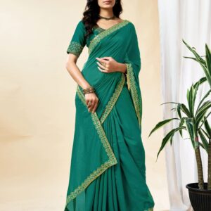 Teal Blue Vichitra Silk Embroidery Solid Saree