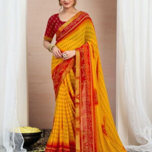 Yellow Chiffon Printed Bandhani Saree