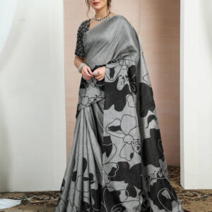 Grey Bhagalpuri Silk Printed Saree