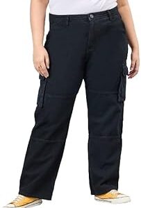 Women Plus Size Black Relaxed Fit High Rise Cargos