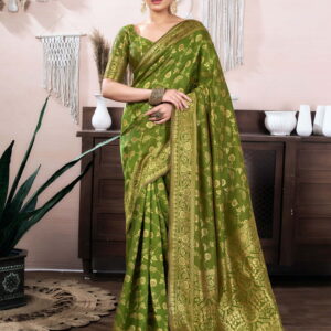 Light Olive Green Silk Blend Weaving Banarasi Saree