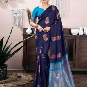 Navy Blue Silk Blend Weaving Saree