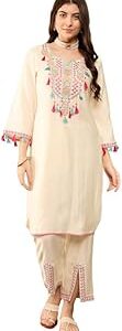 Women's Solid Straight Embroidered Kurta Pant Set With Tassels