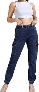 Women's Indigo Denim Cargo Pants | Non-Stretchable, Relaxed Cargo Fit, High-Waist with Multiple Pockets (1034)