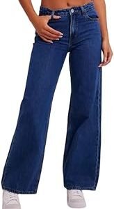 Women's Wide Leg Baggy Jeans, Dark Blue, Relaxed Fit