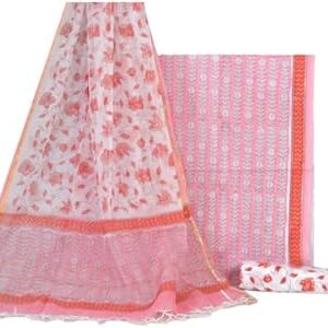 Hand Block Printed Cotton Unstitched Suit Dress Material With Kota Doria Dupatta (Salwar Suit Material All Over Print)