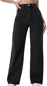 Women's & Girls'Solid Denim High Waist Wide Leg Jeans Pants Flared High Rise Black Jeans