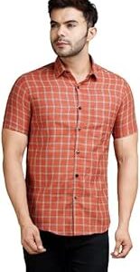 Men Cotton Checkered Beige Slim Fit Shirt