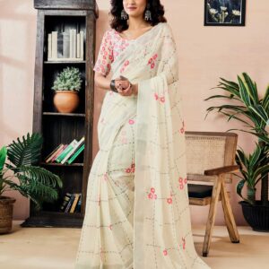 Ready to Wear Off White Linen Floral Printed Saree