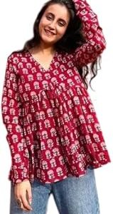 Women's Floral Print Cotton Peplum Top, V-Neck, Long Sleeve, Red and White, Casual Wear