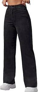 Women's High Waist Wide Leg Jeans, Black Denim, Baggy Fit, Regular Length