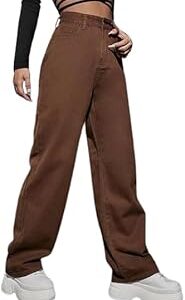 Jeans Wide-Leg Baggy Brown Jeans for WomensWomen Solid Denim High Waist Wide Leg Jeans Pants Flared High Rise Jeans Wide Leg Women Jeans Pant Brown