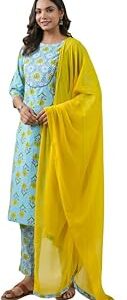 Women's Light Blue Cotton Floral Regular Kurta Set