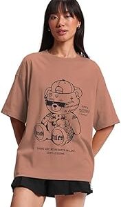 100% Pure Cotton Oversized Loose Baggy Fit Drop Shoulder Half Sleeve Round Neck Cool Front Teddy Printed Cork & White T-Shirt for Women/Girls (Available in from S to 2XL)
