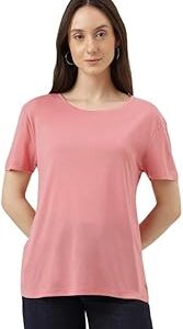 Womens Solid Polyester Blend Crew Neck Relaxed Fit T Shirt