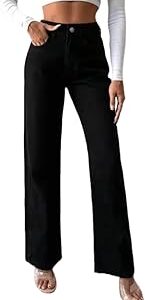 Women's Black Loose Fit Mid Rise Jeans, Straight Leg