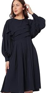 Solid Polyester Blend Round Neck Women's Knee Length Dress