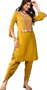 Women's Solid Straight Embroidered Kurta Dhoti Set With Tassels