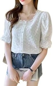 Women Summer Casual White Square Neck Embroidered Cotton Top Regular fir and standerd Size Office wear