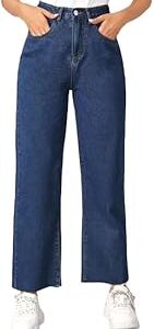 Women's High-Waist Wide Leg Jeans, Regular Fit, Dark Blue, Baggy Style