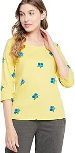 Women's Cotton Floral Print Top in Yellow