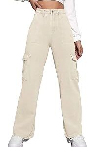 New Women Cargo Flap Pocket Denim Cream Jeans Pant