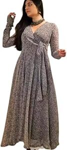 Women's Georgette Fit And Flare V-Neck Gown Elegant Silhouette In Effortless Style|3/4 Sleeve|Maxi Dress For Women