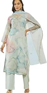 Womens Organza Printed Unstitched Dress Material with Sequin Work