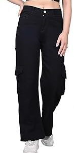Wide Leg Cargo Jeans with 6 Pockets, Durable Denim Fabric.Women?s 6-Pocket Wide Leg Cargo Denim Jeans (Pack of 1)