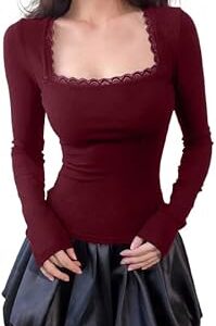 Solid Square Neck Lace Full Sleeve Regular Fit Casual Ribbed Tops for Women
