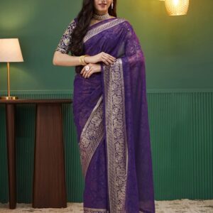 Purple Georgette Stone Work Embellished Saree