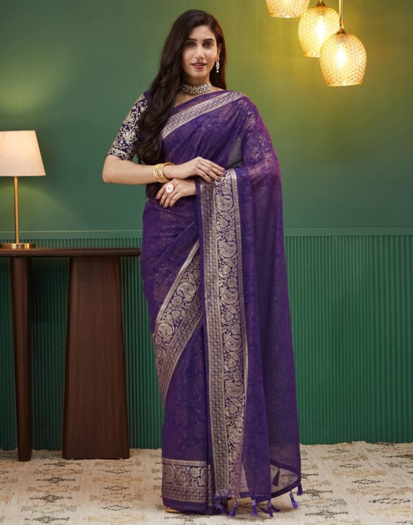 Purple Georgette Stone Work Embellished Saree