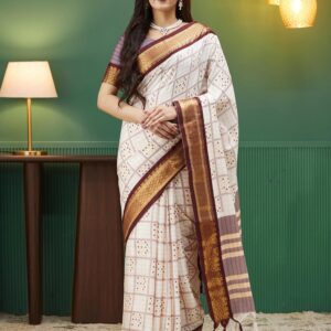 Off White Bandhani Printed Silk Saree