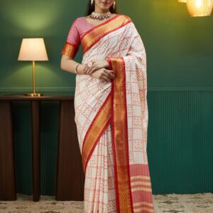 Off White Bandhani Printed Silk Saree
