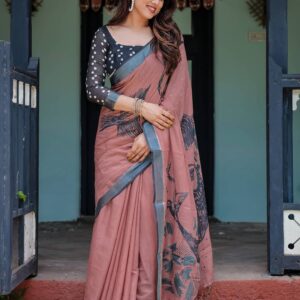 Chestnut Brown Linen Printed Saree
