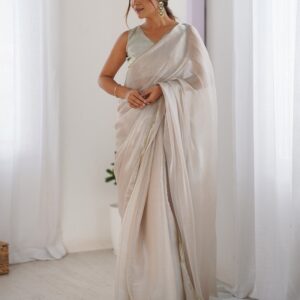 Beige Shimmer Chiffon Lace Solid Saree