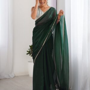 Dark Green Shimmer Chiffon Lace Solid Saree