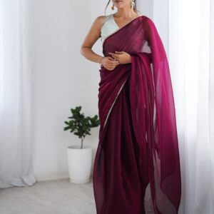 Wine Shimmer Chiffon Lace Solid Saree