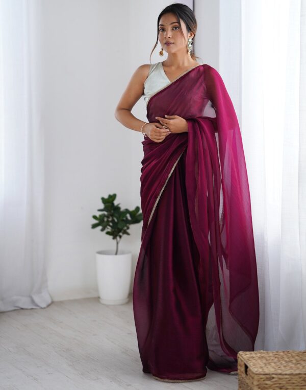 Wine Shimmer Chiffon Lace Solid Saree
