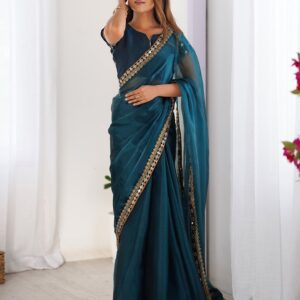 Rama Blue Shimmer Chiffon Lace Solid Saree