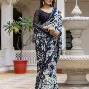 Black Georgette Stone Work Printed Saree