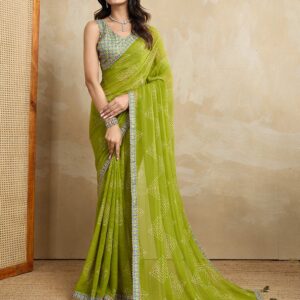 Green Georgette Printed Bandhani Saree
