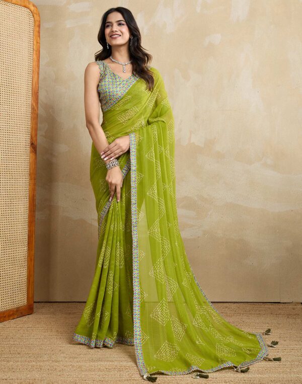 Green Georgette Printed Bandhani Saree